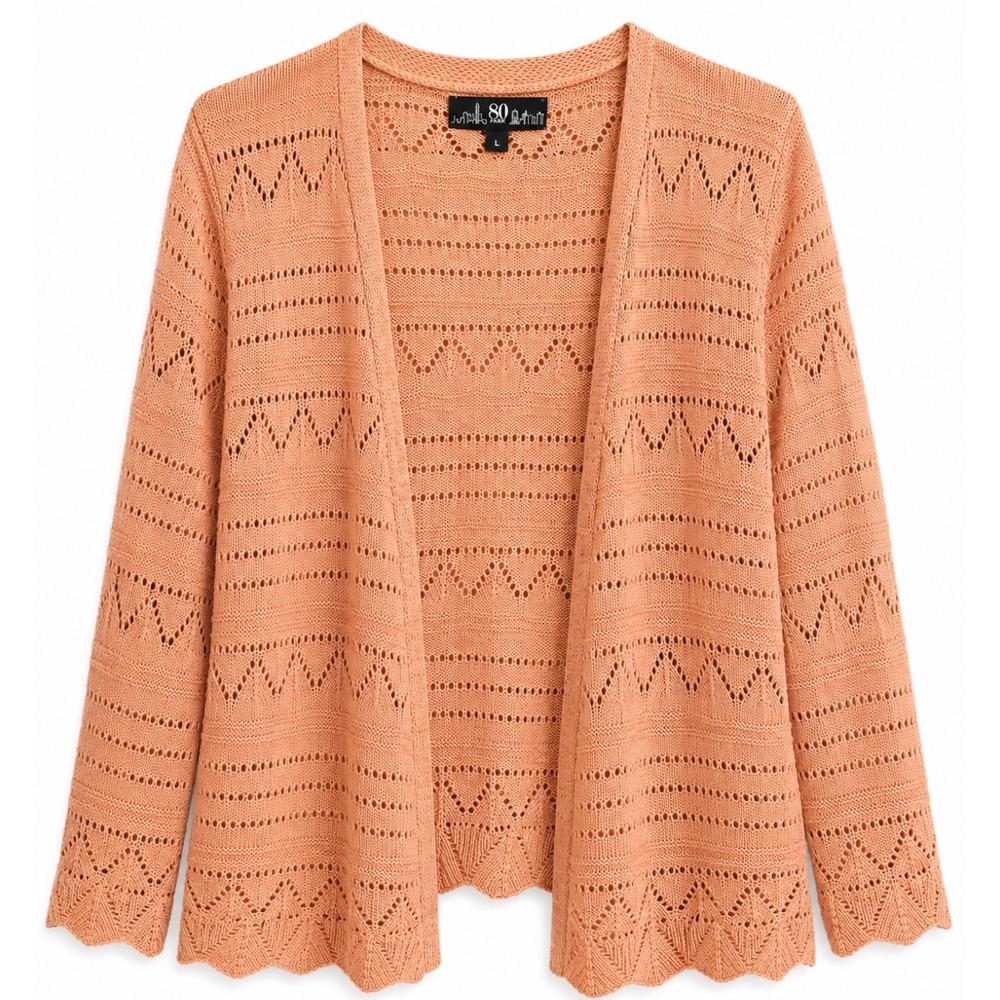 80 Park Large Peach Pointelle Open Knit Cardigan Boho Lightweight